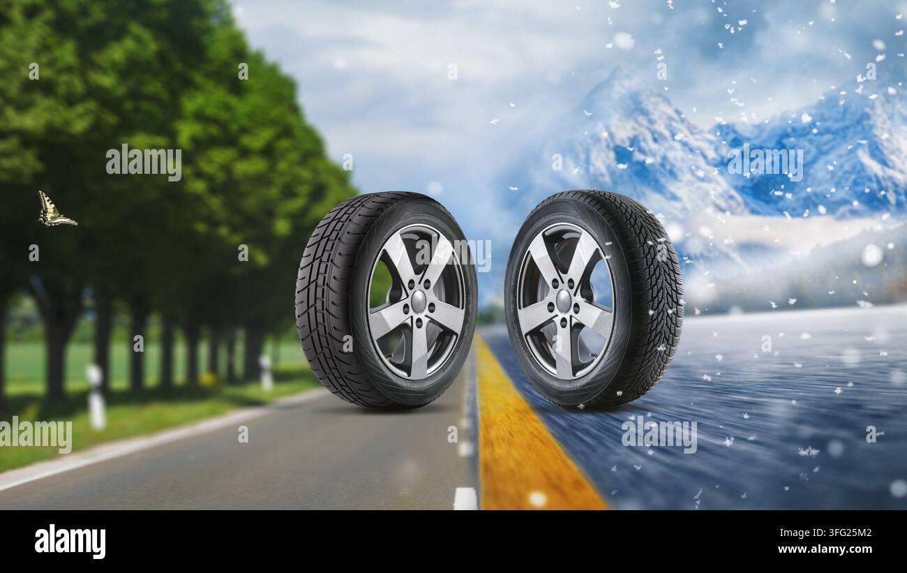 Pneumatici per auto con un grande profilo nel negozio di riparazione auto Foto Stock
