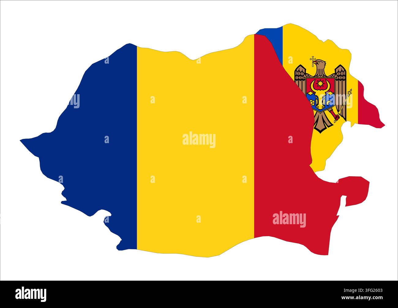 Contorno della mappa della Romania e della Moldova. Le bandiere dei paesi riempiono i contorni con i loro colori. Simbolo di cooperazione regionale, identità e partnership Illustrazione Vettoriale