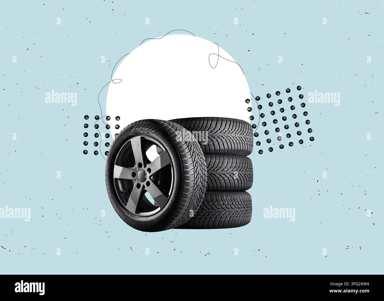 Illustrazione in design piatto. Pneumatici per auto con un grande profilo nell'officina di riparazione auto Foto Stock