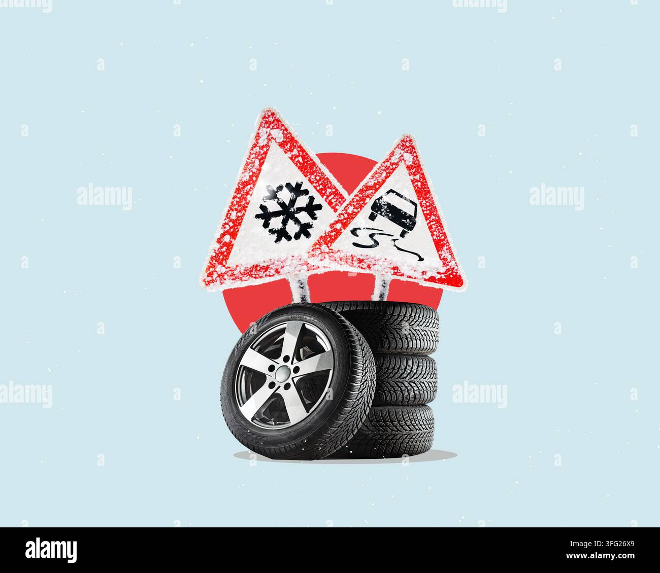 Illustrazione del design piatto. Pneumatici per auto con un ottimo profilo nell'officina di riparazione auto. Chiamata - tempo per cambiare gli pneumatici. Foto Stock