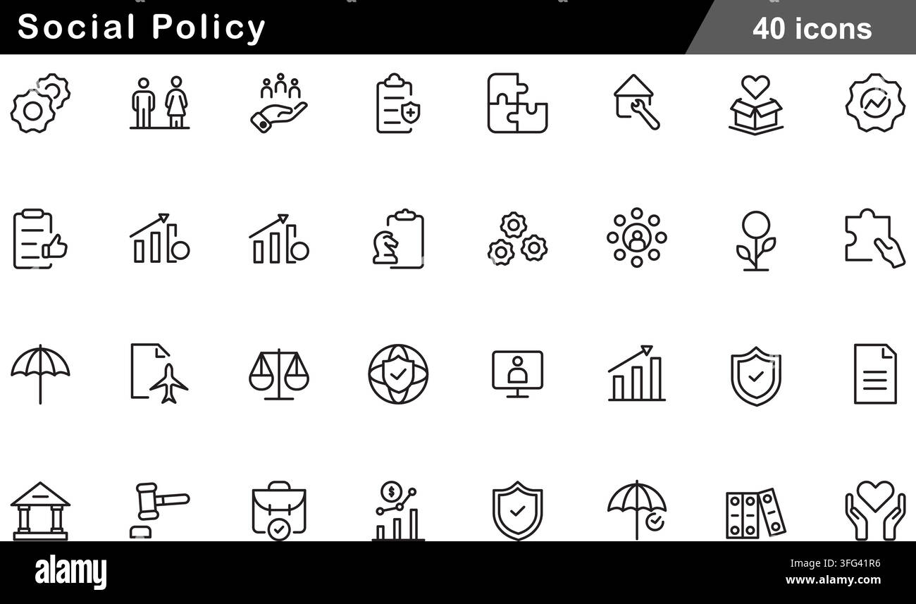 Set di icone lineari di politica sociale con 40 simboli di contorno tra cui assicurazione sanitaria, assistenza pubblica, bilance della giustizia e icone di assistenza comunitaria. Illustrazione Vettoriale