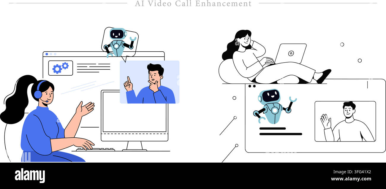 Set di illustrazioni per il miglioramento delle videochiamate AI con agente di supporto clienti, popup di assistente bot, schermi di videoconferenza e riunione online. Illustrazione Vettoriale