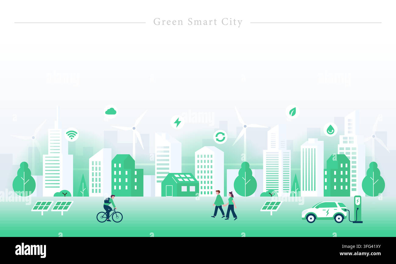 Illustrazione vettoriale di una città intelligente verde con skyline urbana sostenibile, pannelli solari, turbine eoliche, auto elettrica e stile di vita eco. Illustrazione Vettoriale