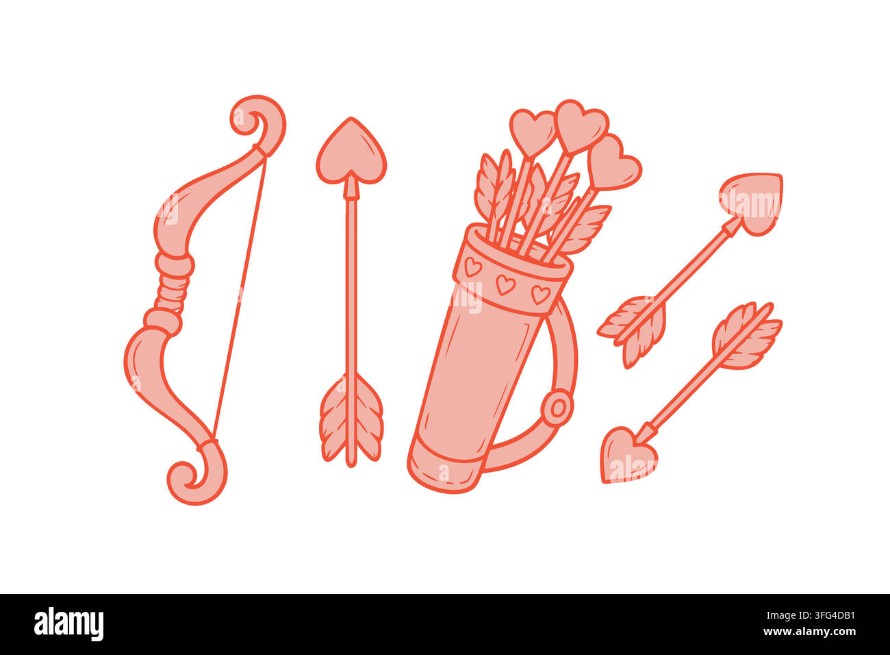 Set romantico di tiro con l'arco con arco decorativo, frecce con punta a forma di cuore e una faretra piena. Collezione giocosa disegnata a mano ispirata a Cupido, amore e San Valentino Illustrazione Vettoriale