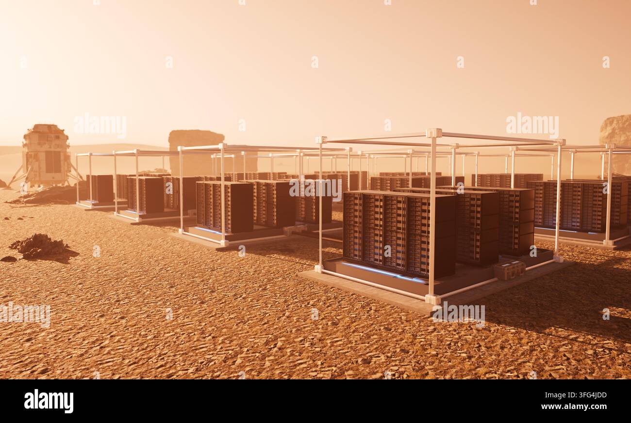 Renderizzazione 3D di un data center su Marte con rack di server per il calcolo interplanetario Foto Stock