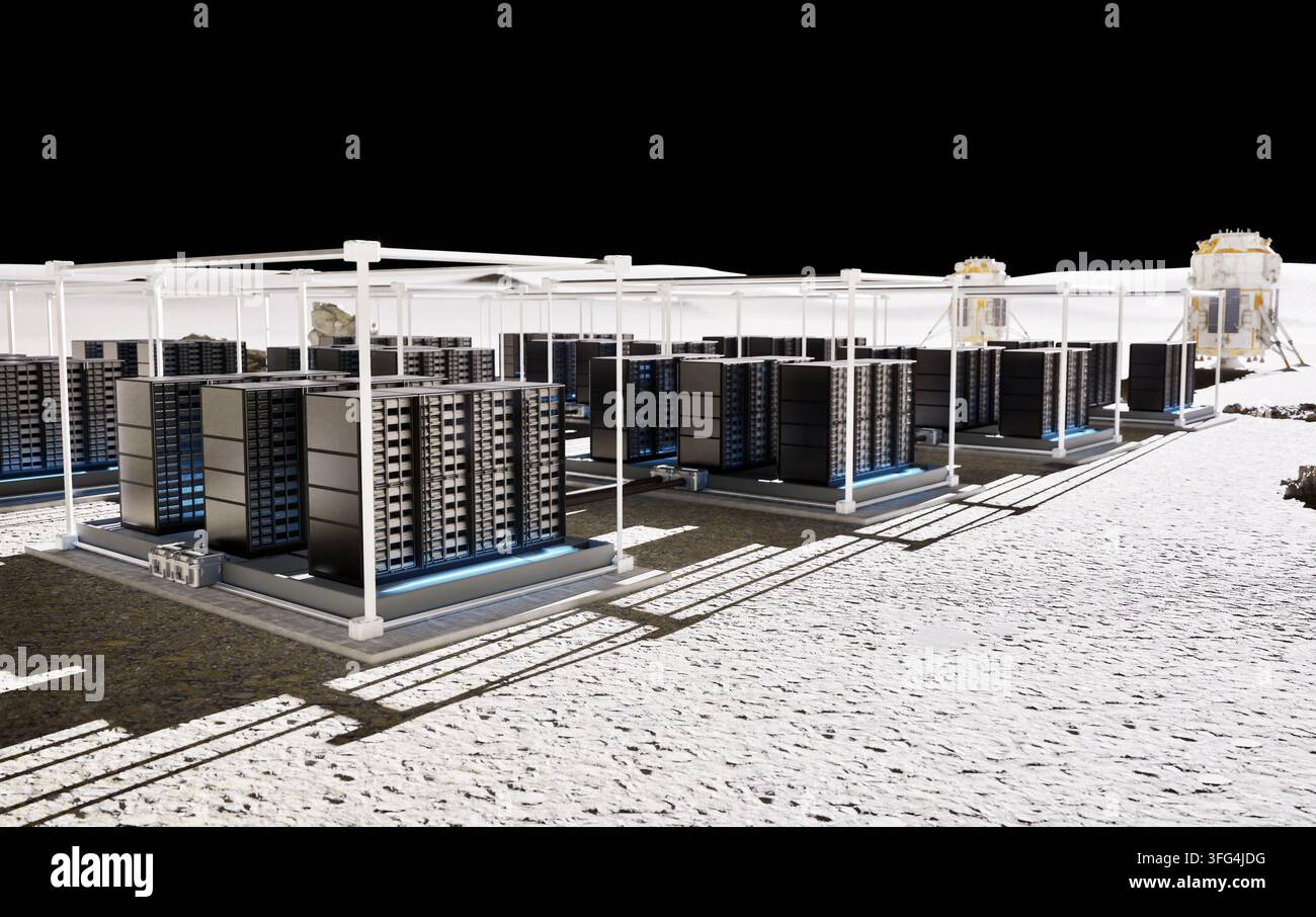 Renderizzazione 3D di un data center su Marte con rack di server per il calcolo interplanetario Foto Stock