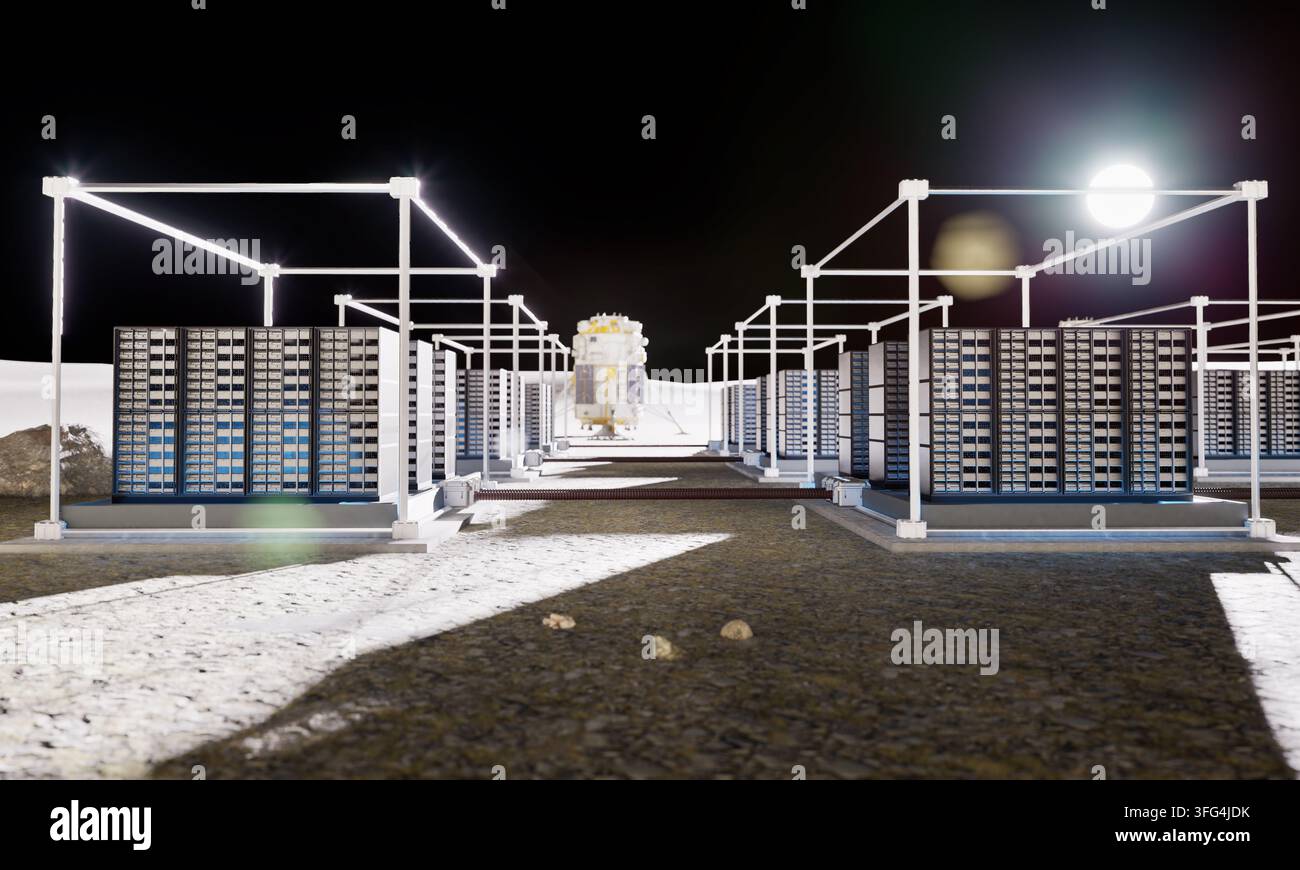 Renderizzazione 3D di un data center su Marte con rack di server per il calcolo interplanetario Foto Stock