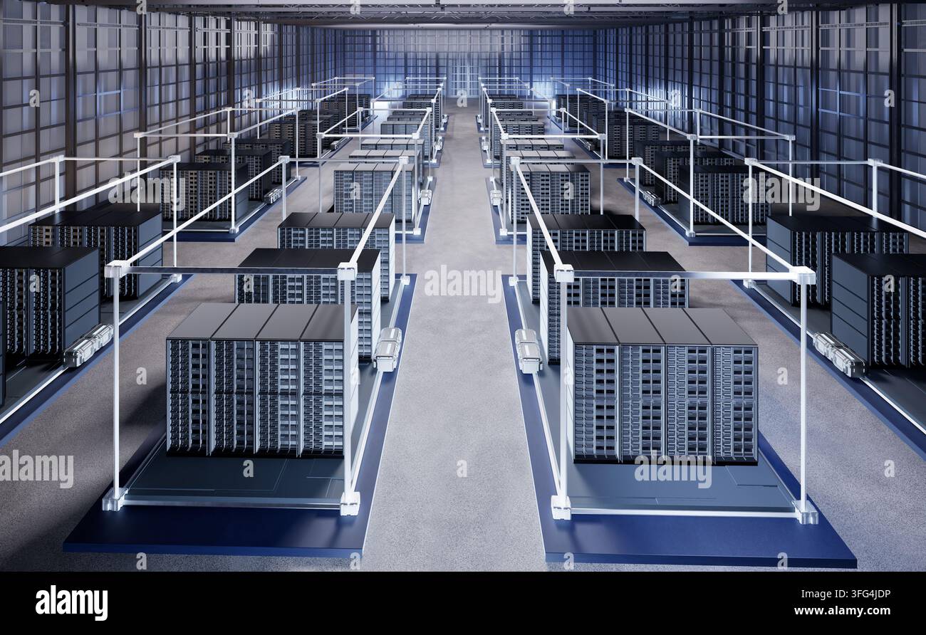 Dati di rendering 3D dell'interno di un data center o di una sala server piena di rack Foto Stock