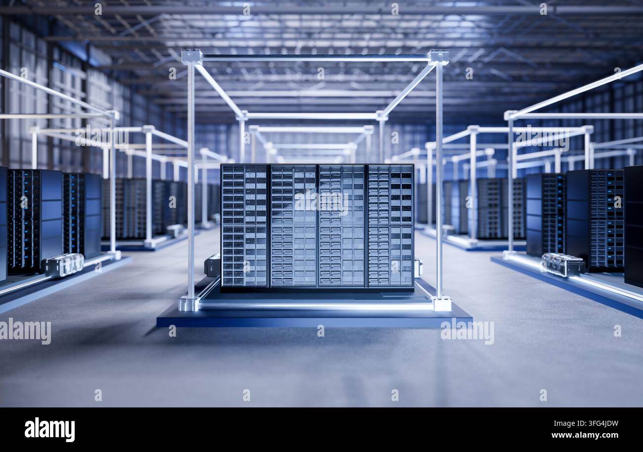 Dati di rendering 3D dell'interno di un data center o di una sala server piena di rack Foto Stock