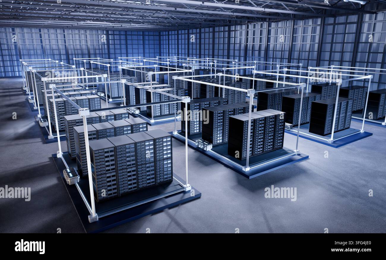 Dati di rendering 3D dell'interno di un data center o di una sala server piena di rack Foto Stock