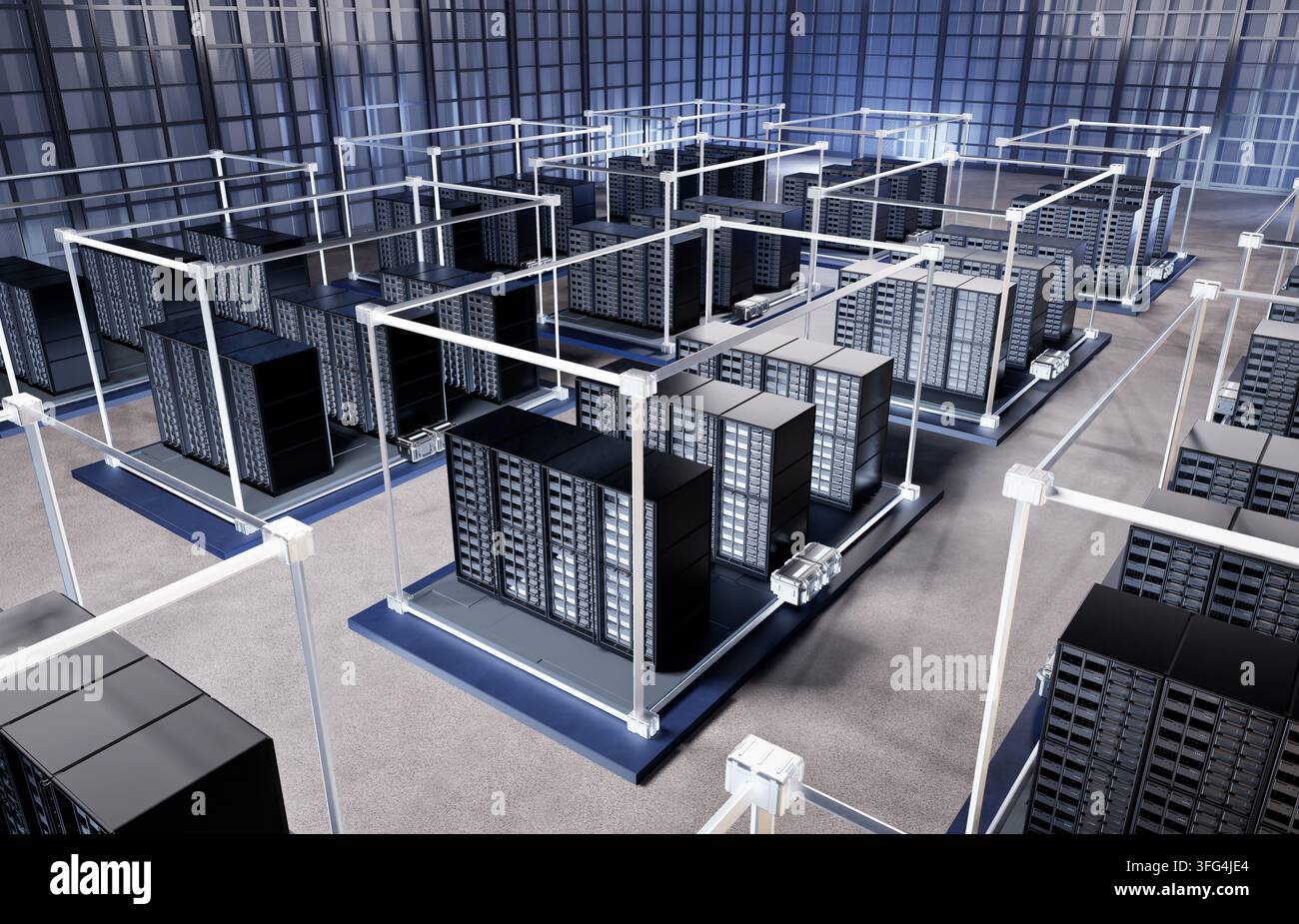Dati di rendering 3D dell'interno di un data center o di una sala server piena di rack Foto Stock