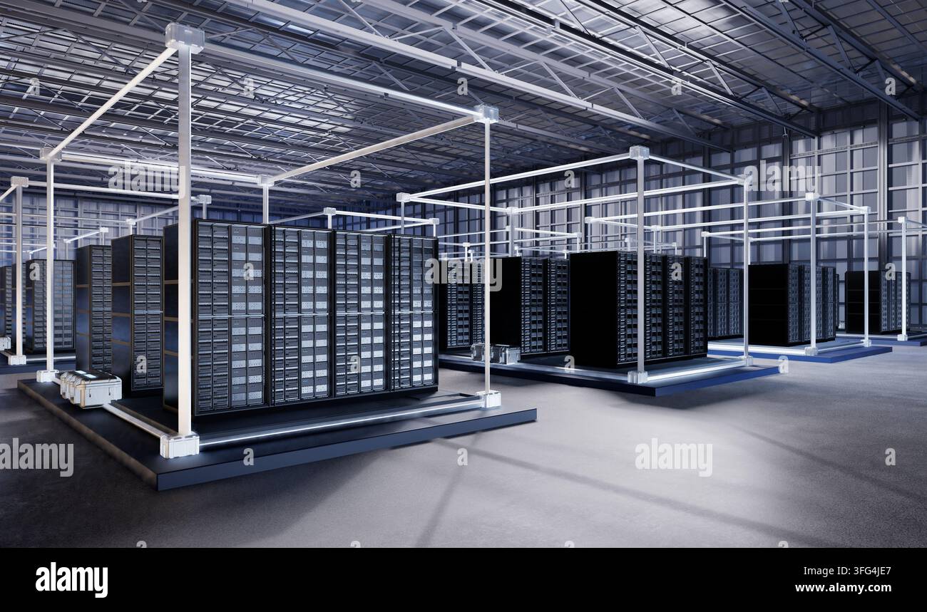 Dati di rendering 3D dell'interno di un data center o di una sala server piena di rack Foto Stock