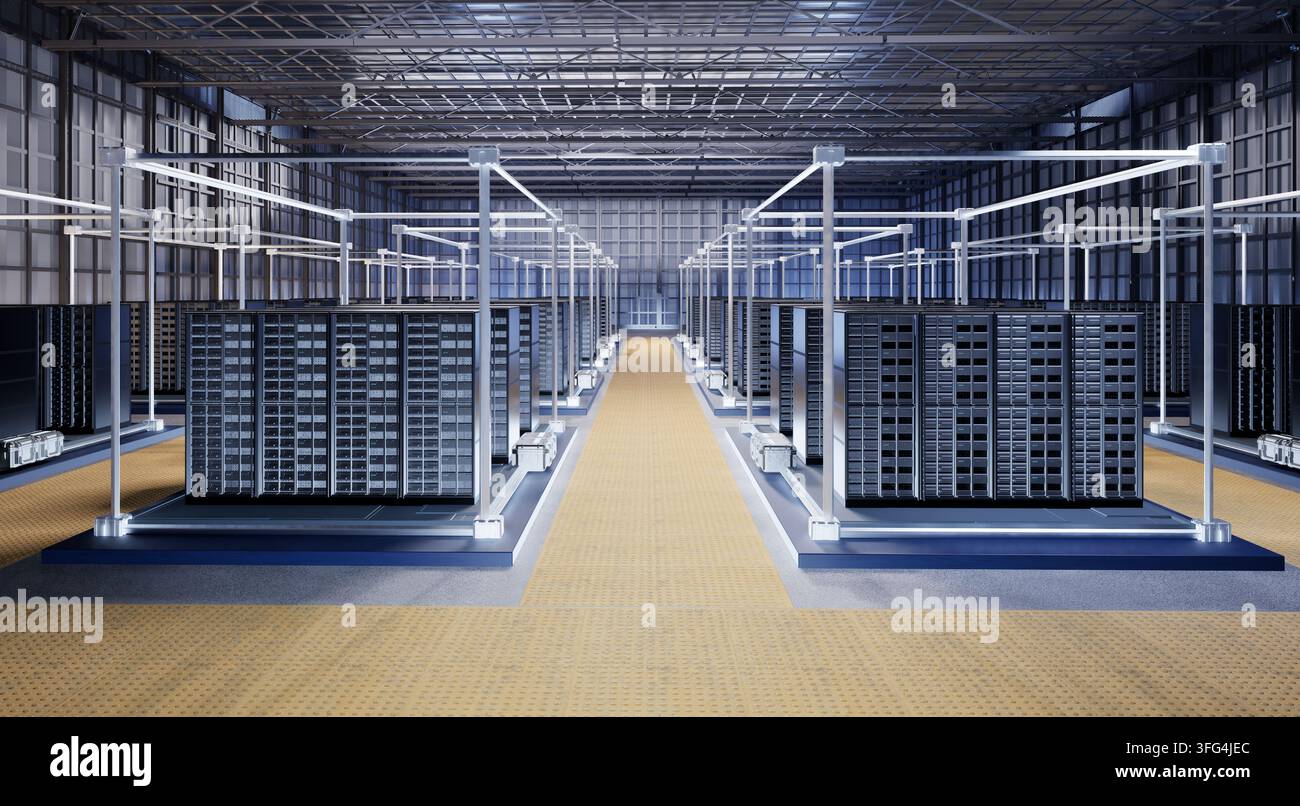 Dati di rendering 3D dell'interno di un data center o di una sala server piena di rack Foto Stock