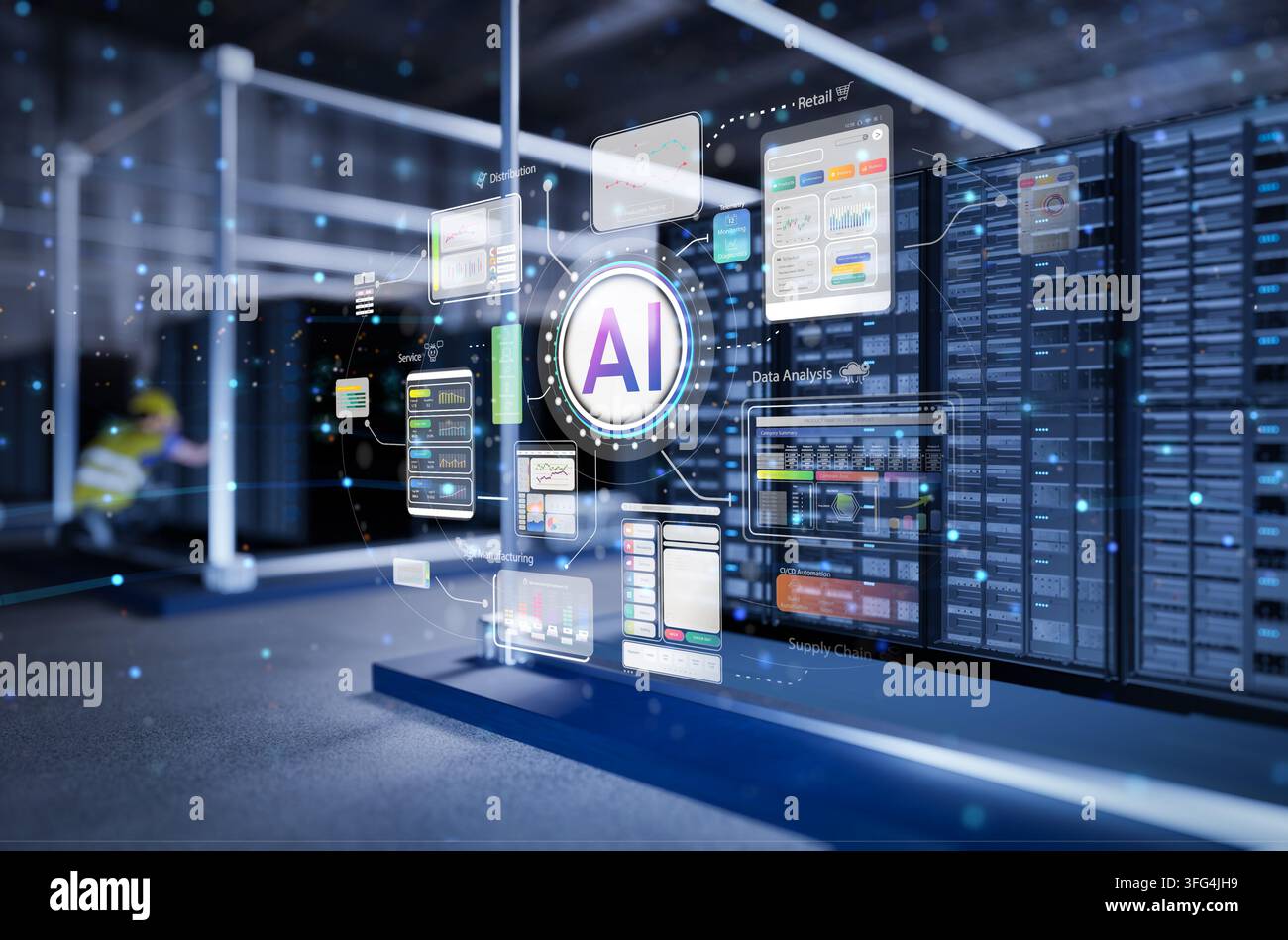 Interfaccia di tecnologia AI con rendering 3D dell'interno di un data center con rack di server Foto Stock