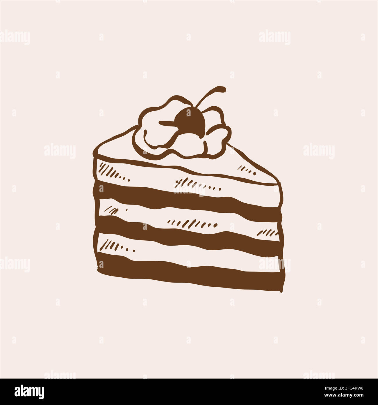 Una fetta di torta con una ciliegia. Un'illustrazione vettoriale isolata di un dolce piacere. Uno schizzo lineare vintage disegnato a mano di un prodotto da forno fatto in casa. Illustrazione Vettoriale