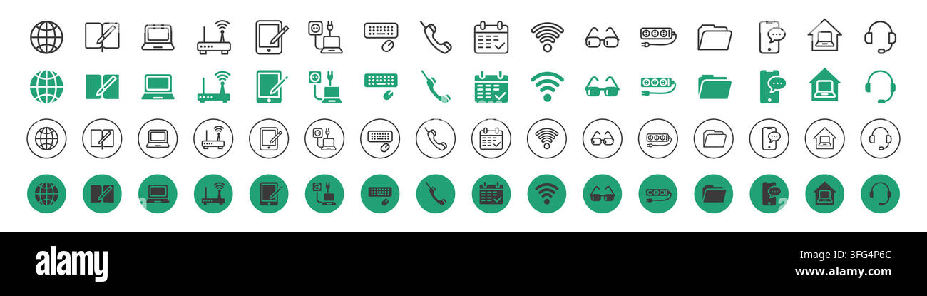 Collezione di icone di lavoro da remoto su sfondo bianco. Illustrazione vettoriale di simboli rotondi dell'ufficio domestico, Wi-Fi, laptop, sedia, lampada, tablet, telefono, cartella, tazza di caffè e simboli di orologio per interfaccia web Illustrazione Vettoriale