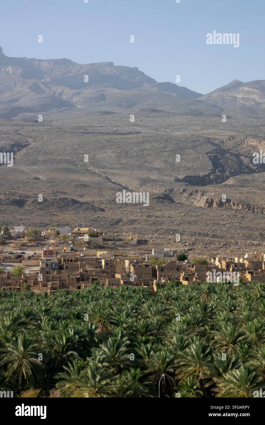 Vista elevata e nebbiosa del villaggio di mattoni di fango di Misfat al Abriyyin circondato da una fitta oasi di palme da dattero, regione di Ad Dakhiliyah, Misfat al Abriyyin, Oman Foto Stock