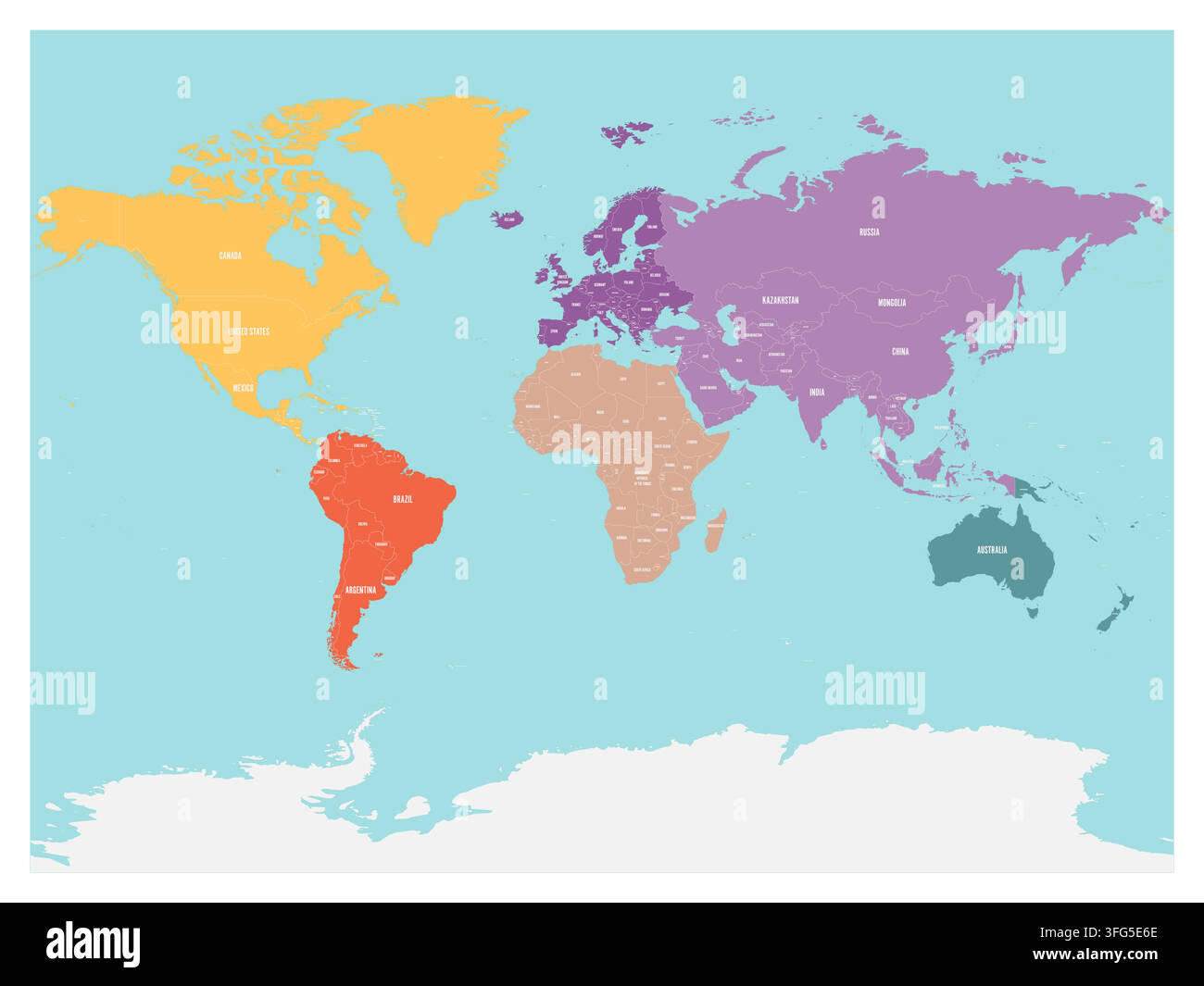 Mappa politica del mondo con l'Antartide. Continenti in colori diversi su sfondo blu. Etichette nere con nomi di stati e territori dipendenti significativi. Illustrazione vettoriale ad alta dettaglio. Illustrazione Vettoriale