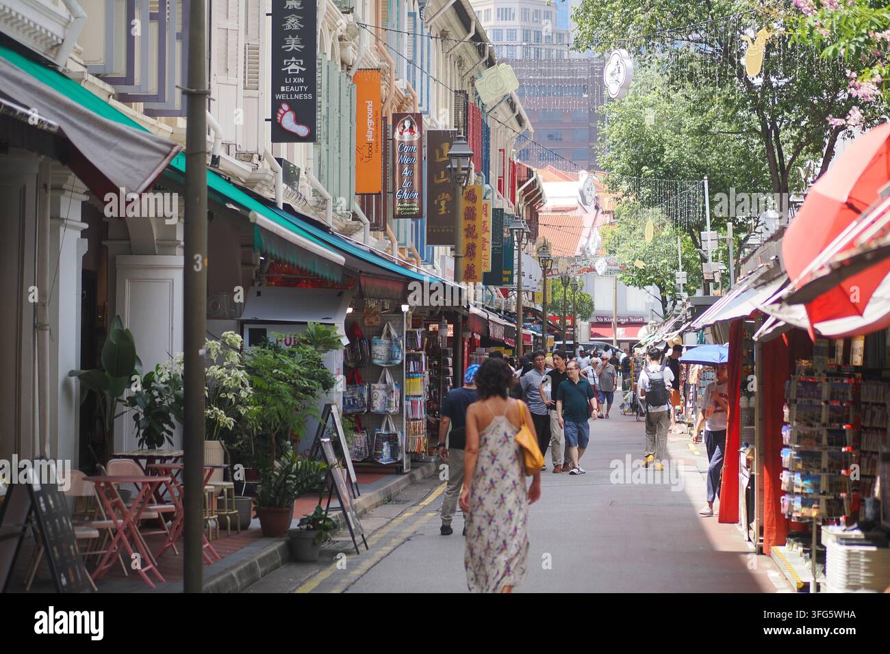 Chinatown di Singapore l'11 febbraio 2026. Negozi lungo una strada trafficata a Chinatown, Singapore Foto Stock