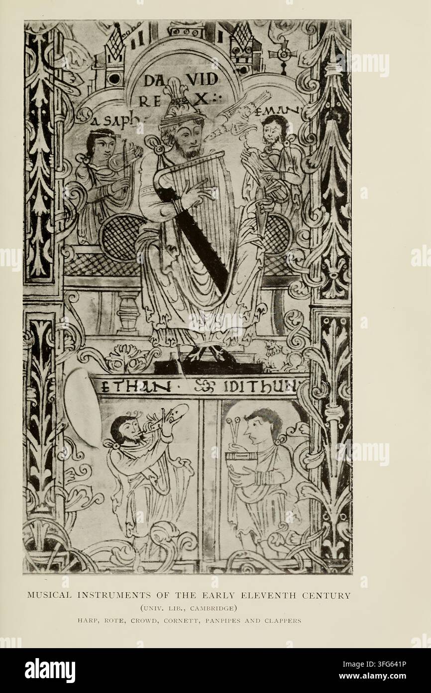 Piastra illustrata storica con didascalia "Strumenti musicali dell'inizio dell'undicesimo secolo" e "Arpa, rote, crowd, cornett, flauti di Pan e battenti", con figure che suonano strumenti medievali. L'immagine è attribuita nella didascalia alla Biblioteca Universitaria di Cambridge e presenta una cornice decorativa ornata e un'iconografia musicale inglese antica. Foto Stock