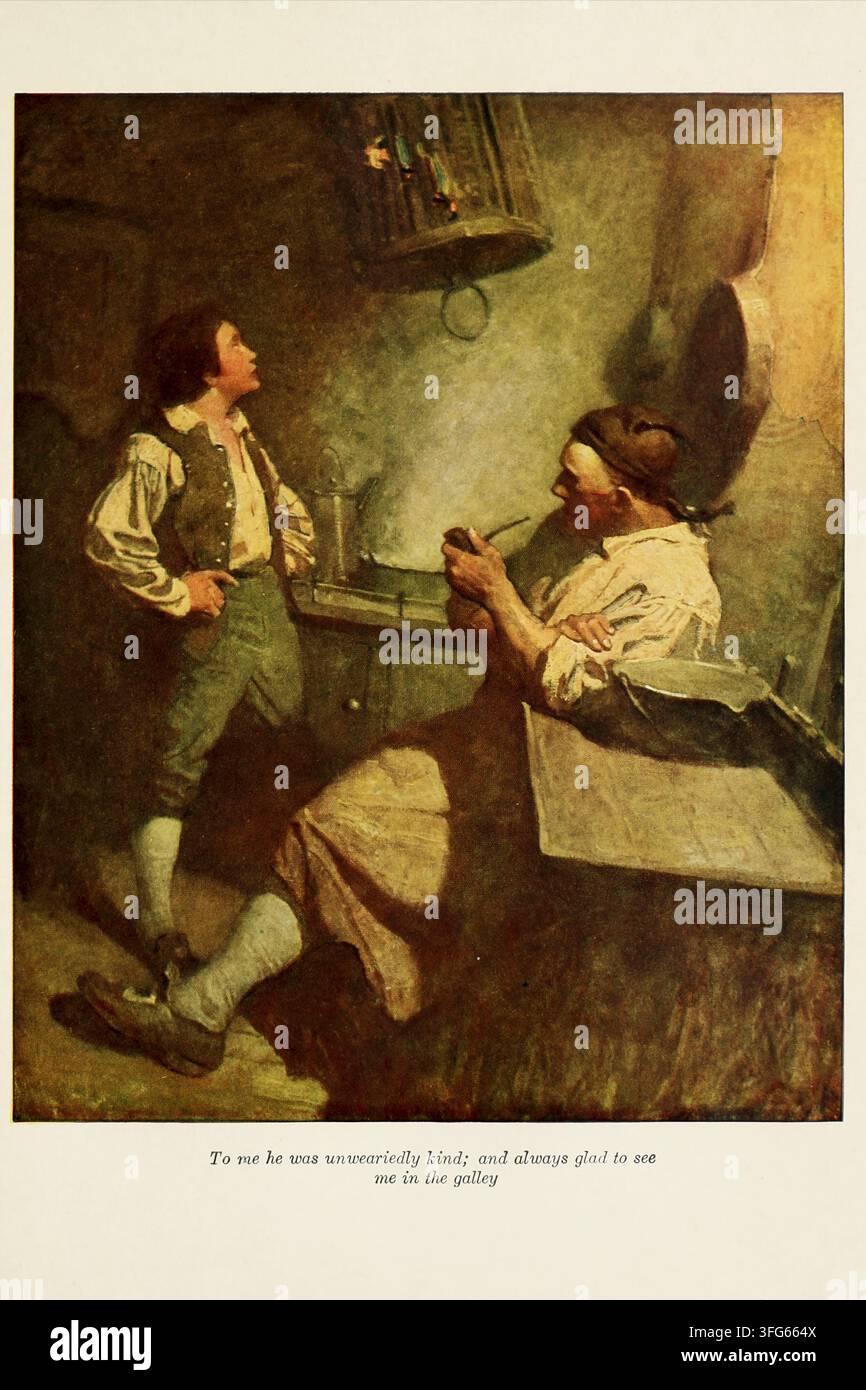 Illustrazione storica di N. C. Wyeth (Newell Convers Wyeth, 1882–1945) per Robert Louis Stevenson (1850–1894), che raffigura Jim Hawkins in visita a Long John Silver nella cambusa della nave. Da L’Isola del Tesoro, pubblicata nel 1911. Didascalia stampata: “Per me era incessantemente gentile; e sempre felice di vedermi nella cambusa.” Foto Stock