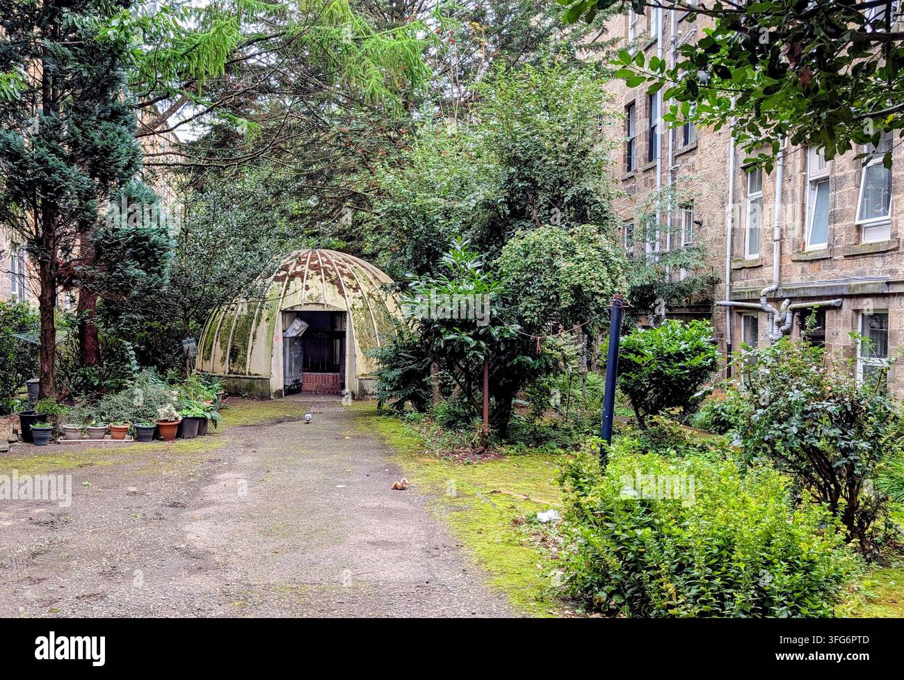 Un edificio secondario in pietra dalla forma a cupola e bizzarro si erge circondato da una vegetazione lussureggiante nel giardino comune sul retro di un edificio in affitto tradizionale di Glasgow. Foto Stock
