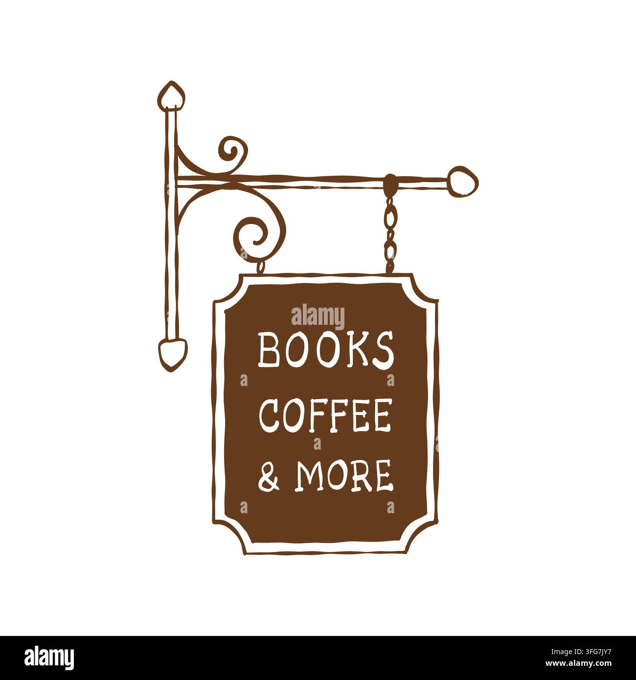 Insegna stradale Vintage Libri e Caffè. Segnaletica esterna per una libreria e un bar. Illustrazione vettoriale isolata in linea. Clipart lineari. Illustrazione Vettoriale