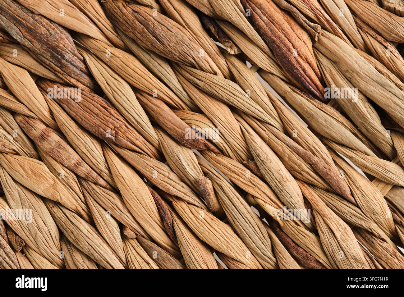 Motivo a distanza ravvicinata diagonale in fibre di paglia essiccata naturale intrecciate che creano uno sfondo ruvido rustico Foto Stock