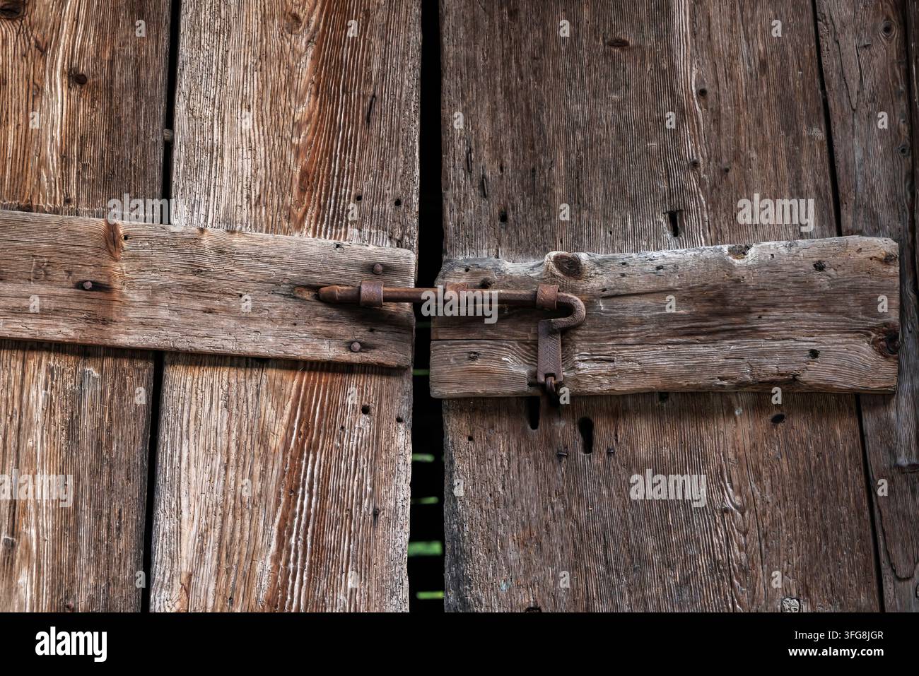 Porta del fienile con chiavistello su un fienile storico. Coltura, Stampa, Bregalia, Cantone dei Grigioni, Svizzera Foto Stock