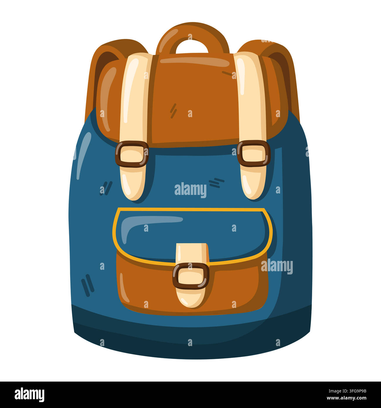 Zaino da trekking blu e marrone con tasche, cinghie e fibbie. Illustrazione vettoriale cartoon su sfondo bianco Illustrazione Vettoriale