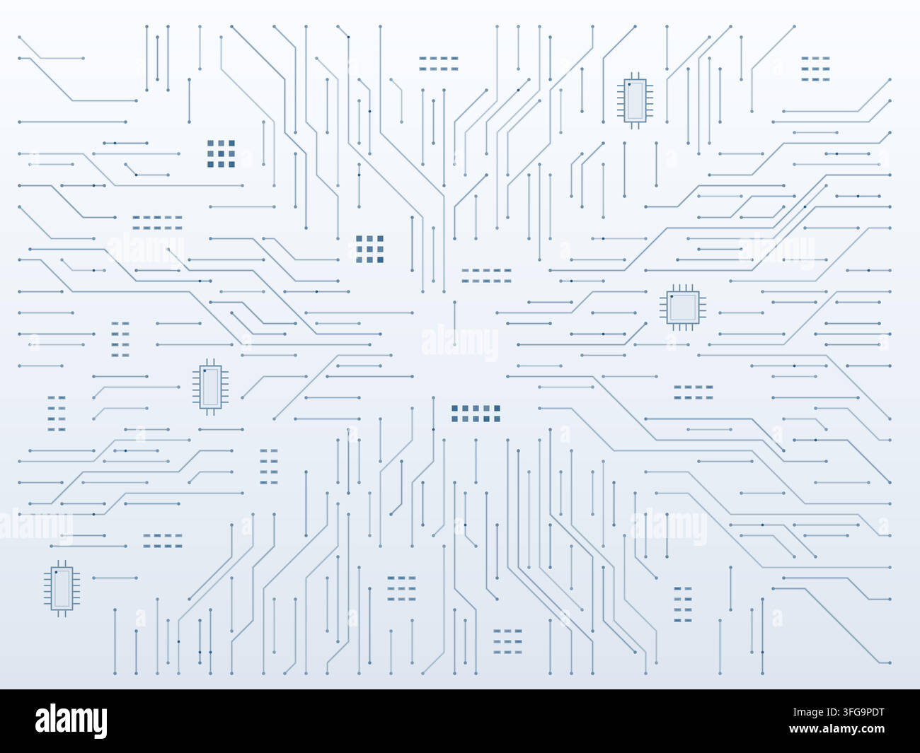 Sfondo tecnologico blu chiaro con circuito stampato. Illustrazione vettoriale modificabile con tracce di segnale angolari, componenti elettronici e connessioni fini senza Illustrazione Vettoriale