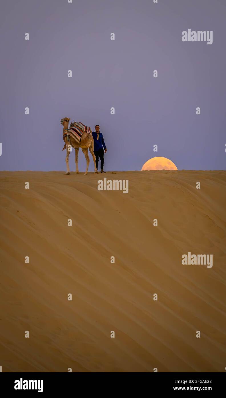 Cammello con uomo arabo seduto sulla duna di sabbia durante il bellissimo tramonto sul deserto del Sahara a Mos Espa, Tunisia. Foto Stock