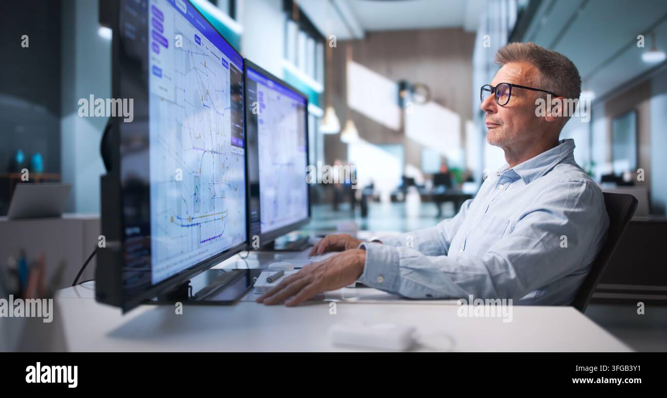 Ingeniero delle telecomunicazioni analizza i percorsi in fibra ottica, mappando la rete sul computer. Foto Stock