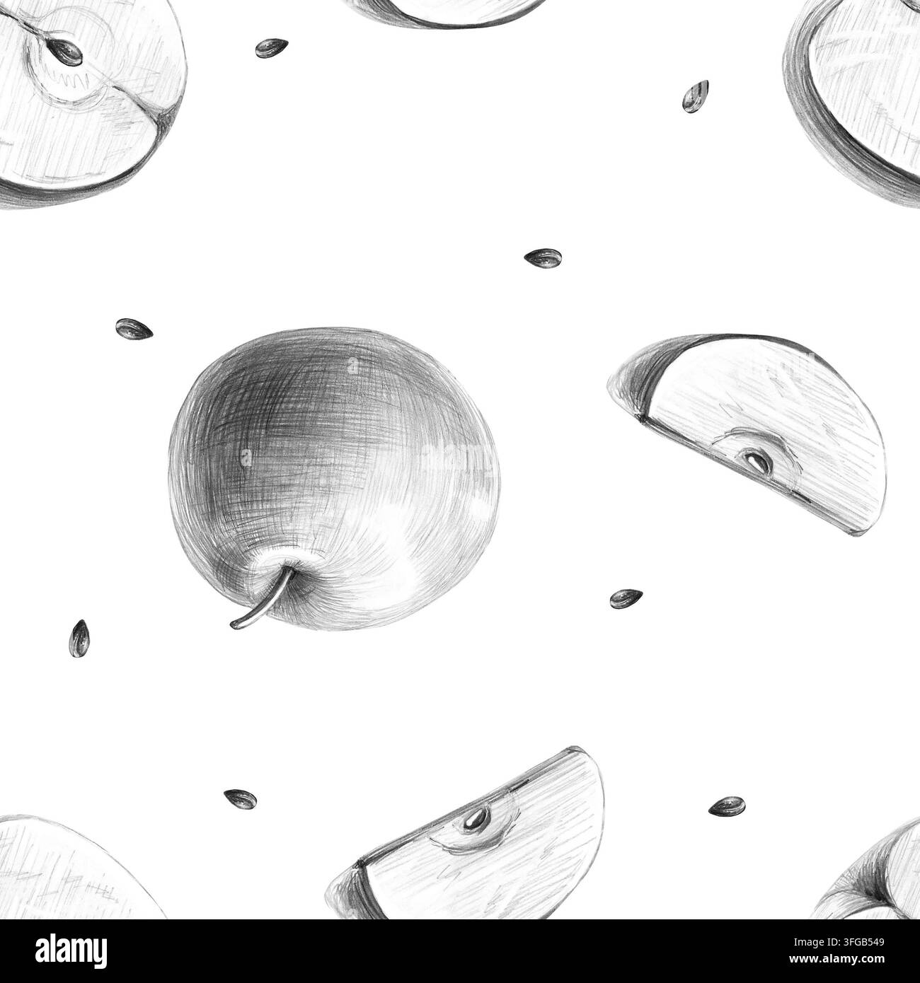 Modello senza cuciture di mele intere e affettate. Illustrazione a matita isolata per panetteria, confezioni di frutta secca, menù di ristoranti, tessuti, confezioni di sidro Foto Stock