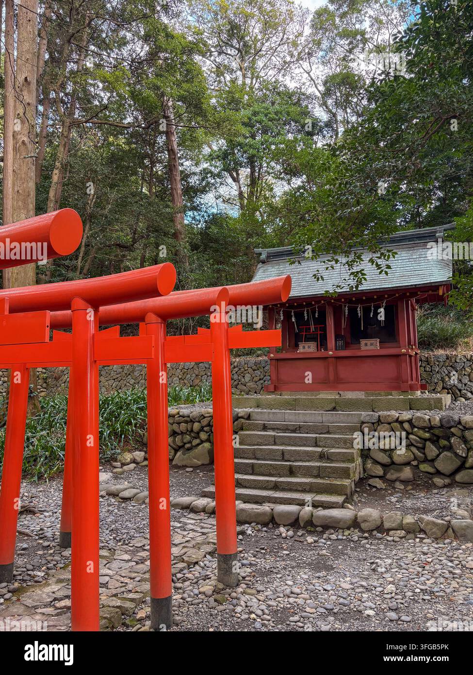Porte torii rosse che conducono al santuario Kuno Inari nel santuario Kunozan Toshogu a Shizuoka, Giappone. - Immagine stock catturata con smartphone