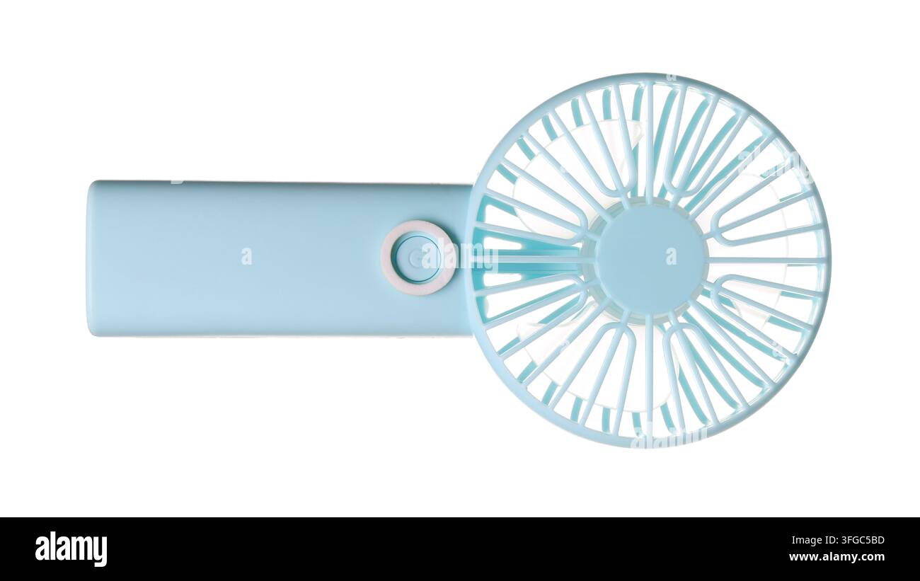 Un mini ventilatore portatile isolato su bianco Foto Stock