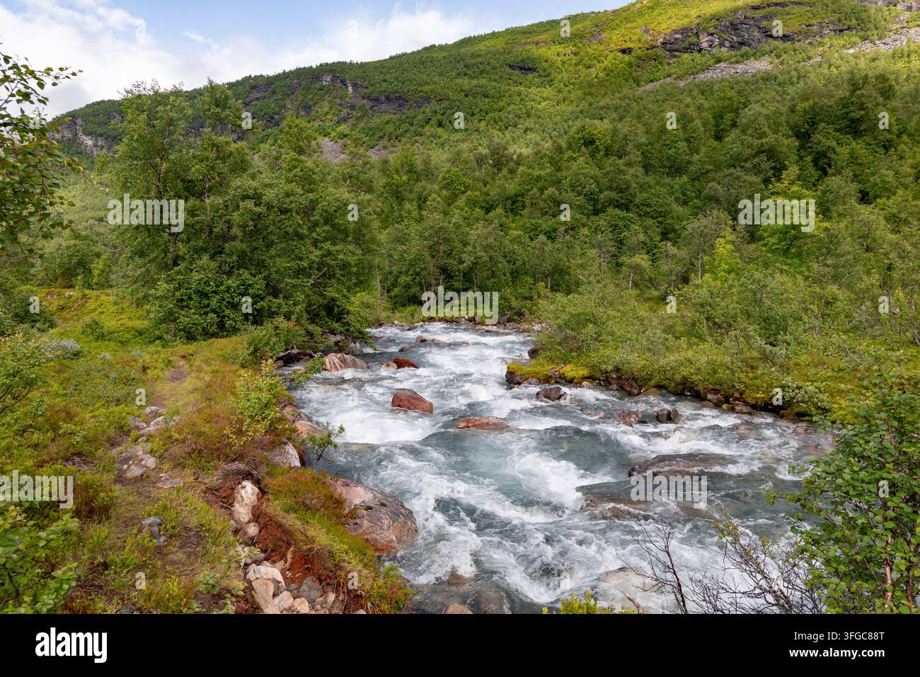 Una splendida paesaggio estivo di una valle montana vicino al villaggio di Norddal. Uno scenario stagionale di un'area del patrimonio mondiale nella Norvegia occidentale. Foto Stock