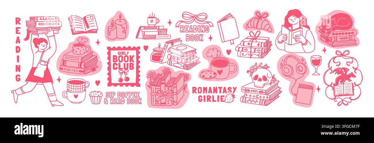 Libri di doodle. Elementi di lettura. Libri romantici fantasy per ragazze, club degli amanti dei libri, romance oscuro, lettore di romanzi. Caffè accogliente, adesivi di panetteria con testo Illustrazione Vettoriale