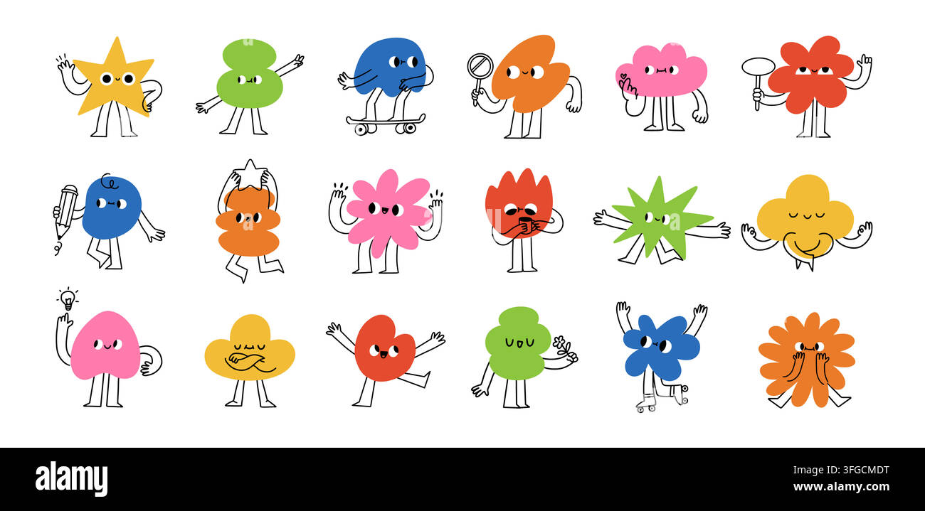 Personaggio astratto divertente. Mascotte a forma di emozione. Figura cartoon comica per bambini con viso ed emoji. Nuvola infantile funky, stella, fiore. Bambino doodle Illustrazione Vettoriale