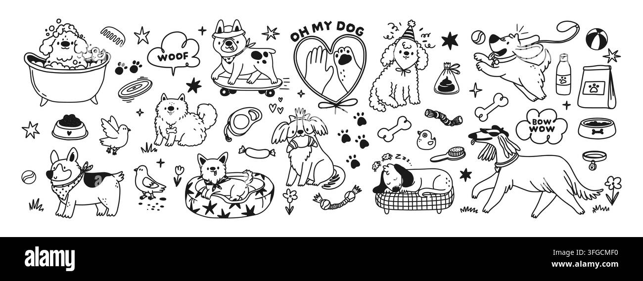 Cani carini. Personaggio animale Doodle. Cane funky di diverse razze che camminano, giocano, siedono. Giocattolo animale a contorno, accessori, bocconcini. Adatto agli animali domestici Illustrazione Vettoriale