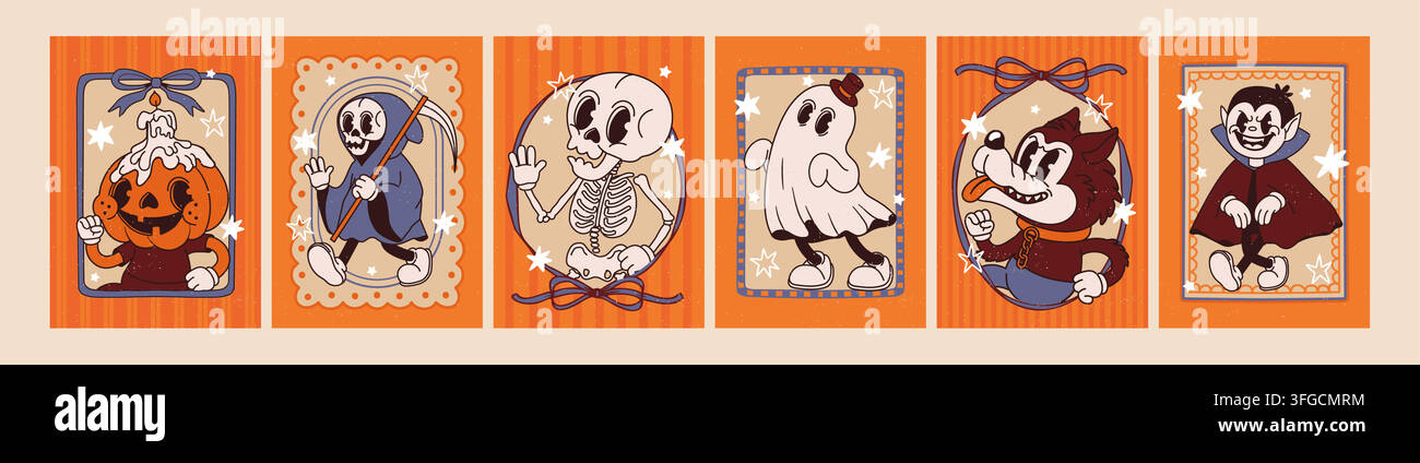 Poster di Halloween. Personaggio vintage spaventoso. Cornice retro groovy con vampiro funky, lupo mannaro, scheletro, zucca, fantasma, morte. Vacanze autunnali Illustrazione Vettoriale