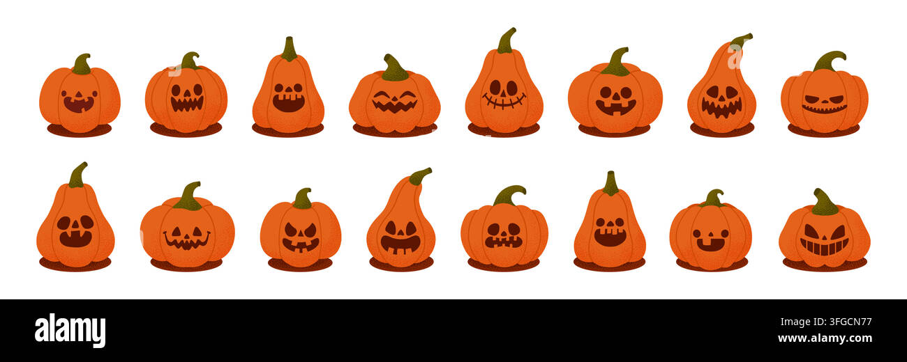 Zucca di Halloween. Simpatica Jack-o-lanterna stagionale. Zucche arancioni spaventose in stile cartone animato con emozioni diverse. Faccia da mostro spaventosa per le feste. Autunno festivo Illustrazione Vettoriale