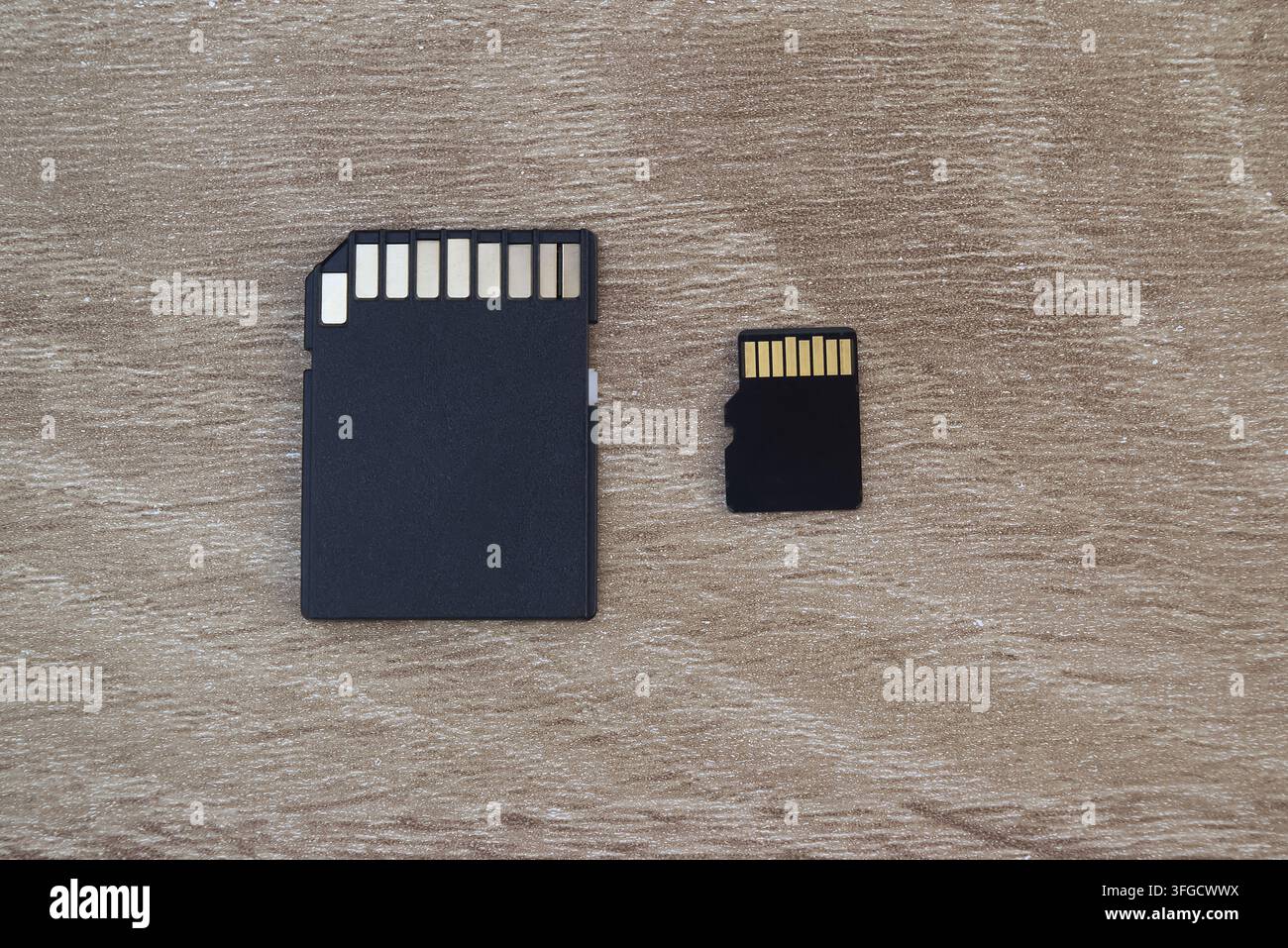 Fotografia macro in primo piano che mostra una scheda SD standard e una scheda micro-SD posizionate a faccia in giù su una superficie neutra testurizzata, evidenziando i dati Foto Stock