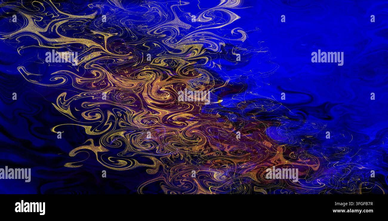 Sfondo fluido astratto con onde di raso blu reale e vortici acrilici liquidi dorati. Design di banner di lusso per tecnologia, confezioni di prodotti ed eventi. Foto Stock