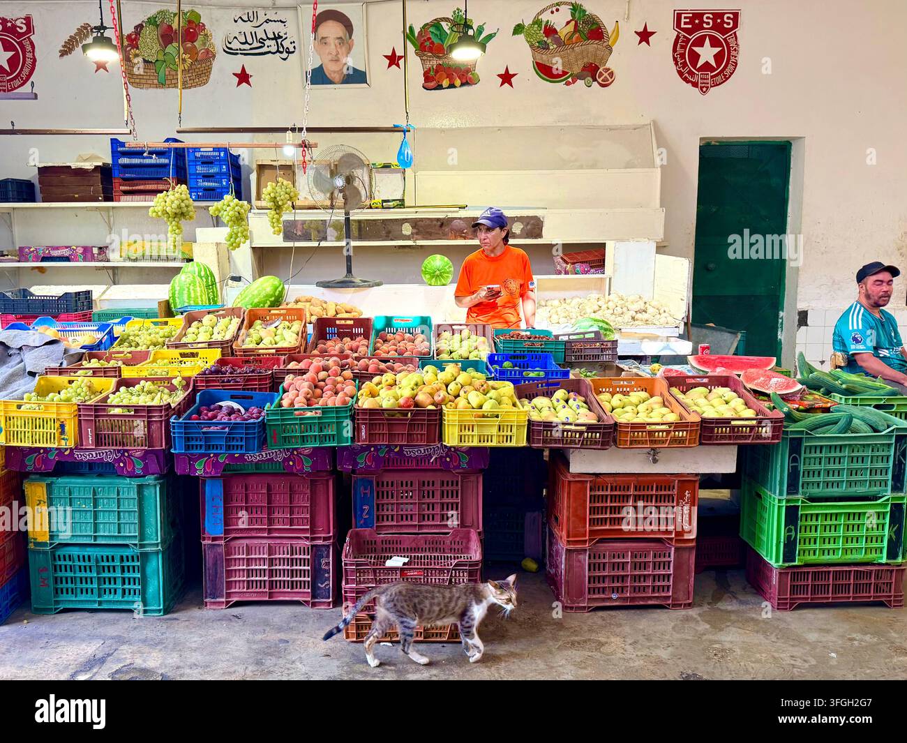 Venditori di frutta e verdura a un colorato banco mercantile nella storica Medina di Sousse, Tunisia, con un gatto di strada che passa sotto - Immagine stock catturata con smartphone