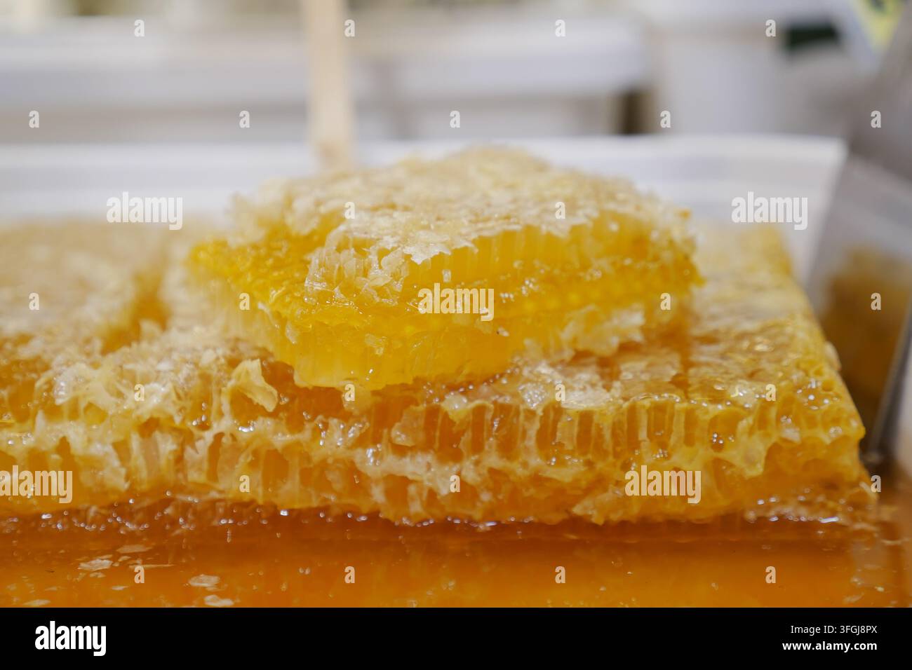 Favo esposto su un banco di mercato con sfondo ispirato alla natura Foto Stock