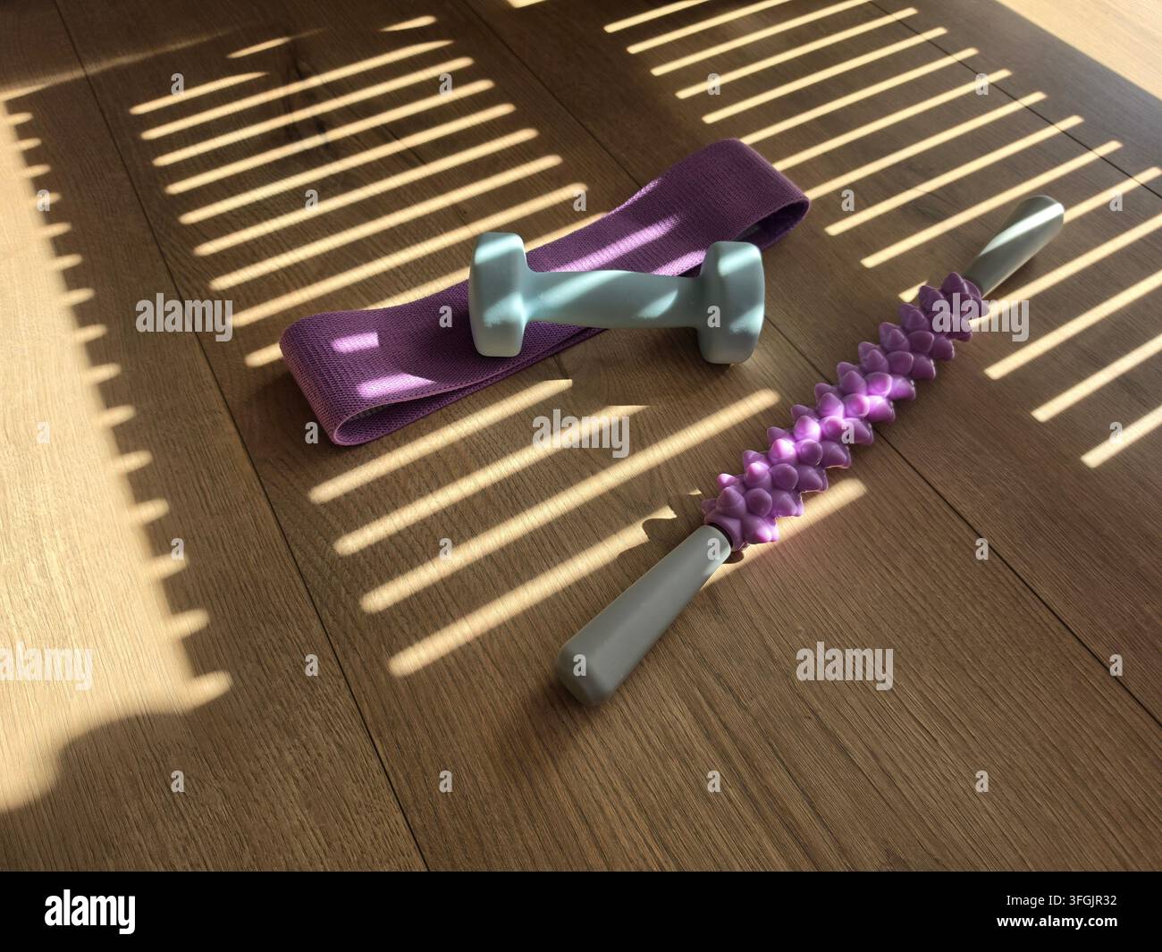 Set di attrezzi fitness comprensivo di un elastico viola, un manubrio azzurro e un rullo massaggiante viola su un pavimento di legno - Immagine stock catturata con smartphone