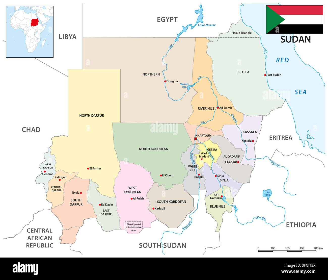 Mappa amministrativa dello stato nord-orientale africano del Sudan Foto Stock