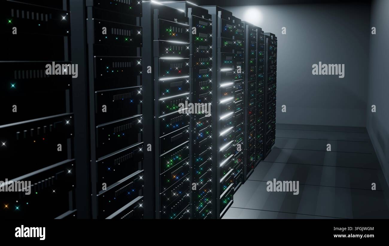 Sala di data center per server sfondo cloud AI rendering 3D Foto Stock