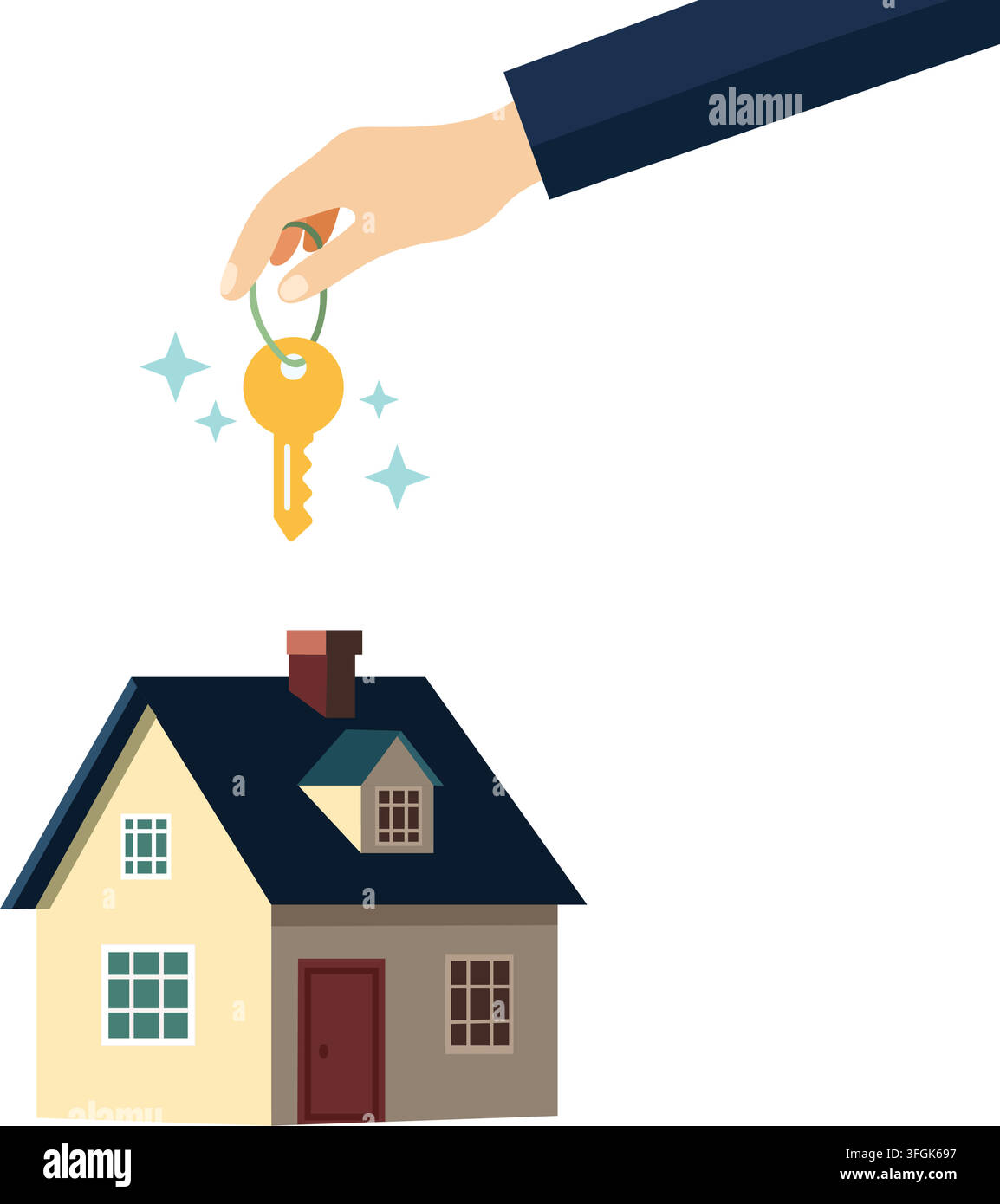 Mano che tiene una chiave sopra una piccola casa che rappresenta la proprietà immobiliare, l'acquisto di immobili, l'approvazione del mutuo, l'affare immobiliare, illustrazione vettoriale piatta. Illustrazione Vettoriale